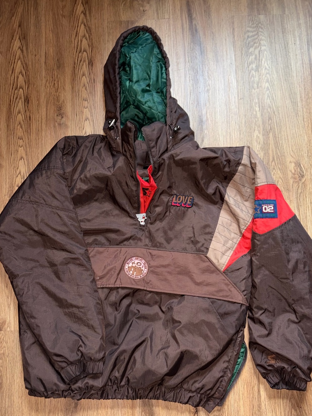 STARTER Brown Hooded Windbreaker with Red and Green Accents